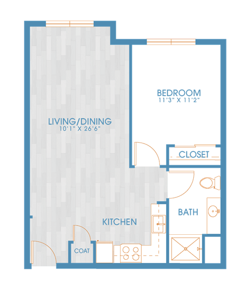 Floor plan for 1 bed, 1 bath, 624 sqft